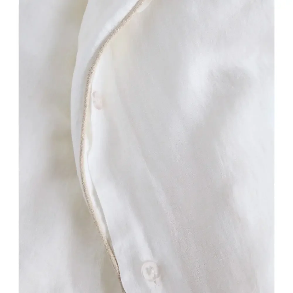 QUINCE European Linen Piped Duvet Cover Set KING White/Toffee